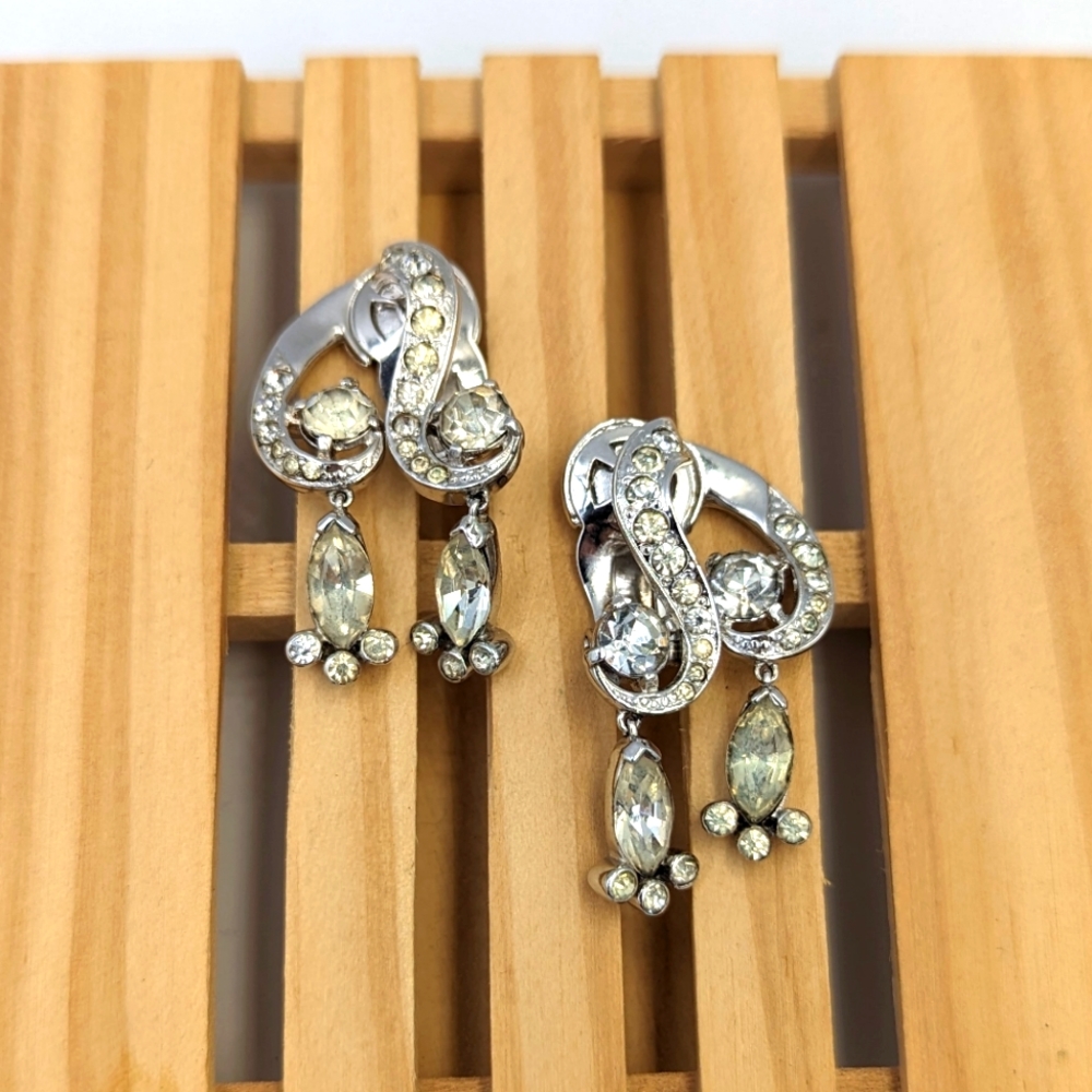 Vintage Unique Joseph Mazer Silver Tone Rhinestones Dangles Clip on Earrings